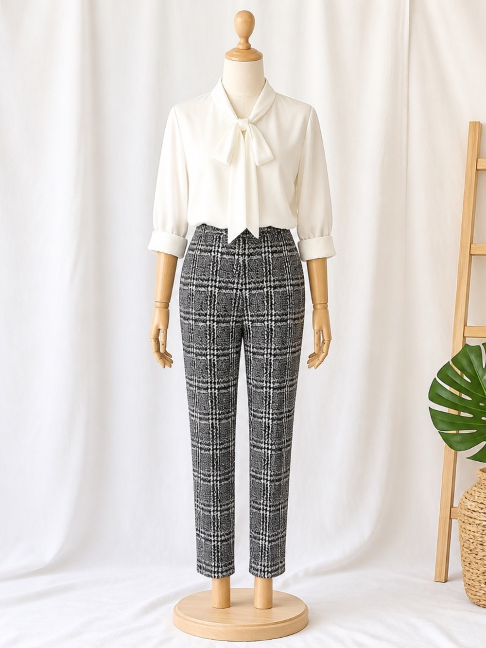 Tailored Plaid High-Waist Trousers in Black & White